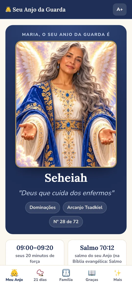 Tela do app: retrato ilustrado do Anjo Seheiah com nome e significado