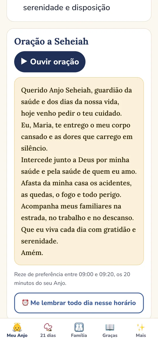 Tela do app: oração do Anjo com botão Ouvir oração